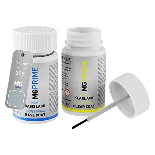 MG PRIME Autolack Lackstift Set für BMW 309 Arktissilber Metallic/Arctic Silver Metallic Basislack Klarlack je 50ml