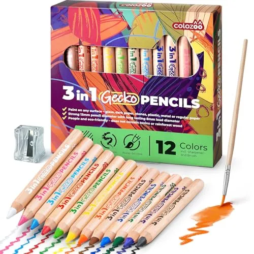 colozoo Gecko 3 In 1 Dicke Bunstifte Kinder | 12 Farben Malstifte Set inklusive Pinsel und Anspitzer | Ungiftige und Vegane Stifte ab 3 Jahren