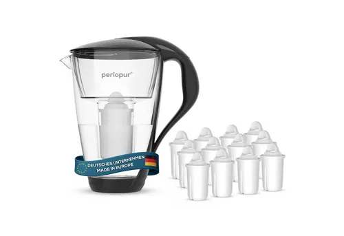 PearlCo Wasserfilter Glas Schwarz mit 12 Filterkartuschen