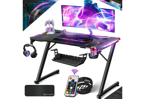 KESSER® Gaming Tisch LED 100cm x 60cm - Ergonomischer Z-Form Gamer Schreibtisch - Schreibtisch mit Kohlefaser-Oberfläche, stabilen Z-Beinen und integriertem Getränkehalter für ein optimales Gaming-Erlebnis.