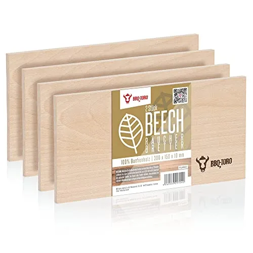 BBQ-Toro Räucherbrett aus 100% Buchenholz (4 Stück) | 30 x 15 x 1 cm | Grillbrett zum Erzeugen von Raucharomen für Fisch, Fleisch, Gemüse, Backwaren | Planke zum Grillen, BBQ, Backen