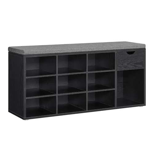 VASAGLE Schuhbank, Schuhregal mit Schublade und offenen Fächern, Sitzbank, gepolsterter Sitz, Flur, Schlafzimmer und Eingangsbereich, 30 x 104 x 48 cm, ebenholzschwarz-schiefergrau LHS024B02