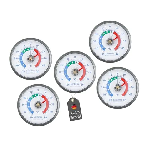 Lantelme 5 Stück Kühlschrankthermometer Set selbstklebend Thermometer auch für Gefrierschrank Eisfach Kühltheke Kühlzelle Kühlfach Kühlschrank zum ankleben Bimetall und Analog (Grau)