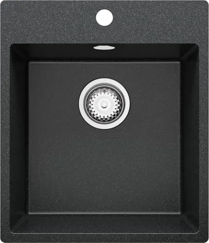PRIMAGRAN Spülbecken Anthrazit 43x50cm, Granitspüle 1 Becken + Ablauf-Set, Küchenspüle ab 45er Unterschrank - Riga S072