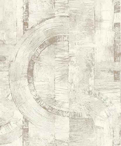 Tapete Vlies Rasch Halbkreise Grafik weiß grau gold Glanz - Tapete für alle Zimmer, abziehbar und waschbar, mit geometrischem Vintage-Design für einen stilvollen Akzent in Ihrem Zuhause.