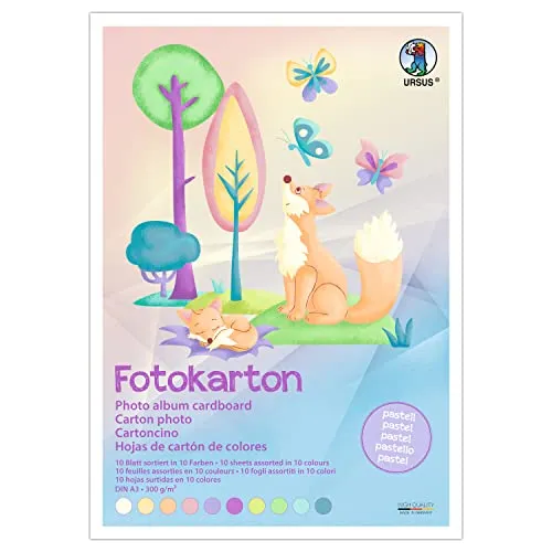 Ursus 3804099 - Fotokarton, Pastell, DIN A3, 300g/qm, 10 Blatt in 10 Farben, durchgefärbt, aus Frischzellulose, lichtbeständig, ideal für kreatives Basteln