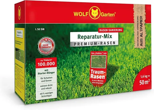 WOLF Rasendünger Premium-Rasen mit Starter-Dünger für 50m² - Dünger für einen gesunden, grünen Rasen, enthält Starter-Dünger für eine schnelle Wurzelentwicklung und ist ideal für Neuanlagen.