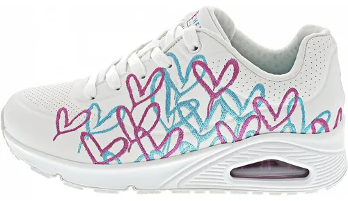 Skechers Uno - Golden Heart Sneaker Weiß Gr. 39 - Trendige Damen-Sneaker mit Air-Cooled-Memory Foam für optimalen Tragekomfort. Rutschhemmende Laufsohle und gepolsterte Details sorgen für ein angenehmes Gefühl. Das Lovewall-Herzdesign macht diese Schuhe zum echten Hingucker.
