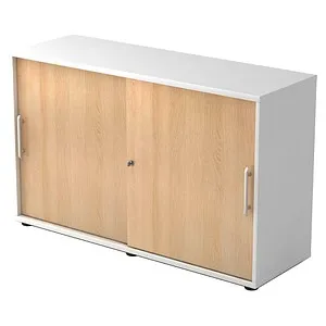 Hammerbacher Schiebetürenschrank 1752S, abschließbar - Schiebetürenschrank aus Holz, 120 x 74,8 x 40 cm, mit 2 höhenverstellbaren Fachböden und abschließbarem Druckzylinderschloss, ideal für sichere Aufbewahrung im Büro.