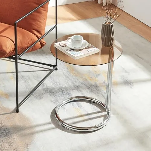 [en.casa] Beistelltisch Ylivieska Sofatisch mit Glasplatte Wohnzimmertisch 46 x Ø45 cm Dekotisch Kaffetisch rund Ablagetisch mit Metallgestell Nebentisch Chromfarben/Bernsteinglas