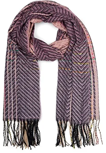 styleBREAKER Damen Feinstrick Schal mit bunt gestreiftem Zick-Zack Muster und Fransen, warme Winter Stola mehrfarbig 01017149, Farbe:Flieder-Schwarz