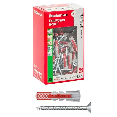 Fischer 100 x Dübel mit Schraube DuoPower 6 x 30 mm, für Mauern, Lochstein, Gipskarton, 537646