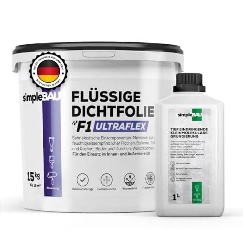 simpleBAU Flüssigfolie Dichtfolie F1 Ultraflex 15 KG – Gebrauchsfertige Abdichtfolie für Innen & Außen - Flexible Abdichtung für Duschen, Bäder & Terrassen. Die hochleistungsfähige Dichtmasse bietet zuverlässigen Schutz vor Feuchtigkeit und ist schnell anwendbar.