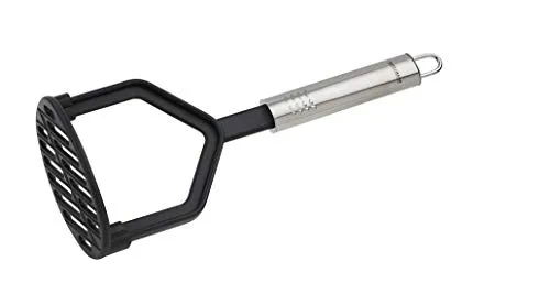 Fackelmann Kartoffelstampfer 25 cm OVALGRIFF, Kartoffelpresse für beschichtete Pfannen und Töpfe, Küchenhelfer aus hochwertigem Edelstahl und Kunststoff (Farbe: Silber/Schwarz), Menge: 1 Stück