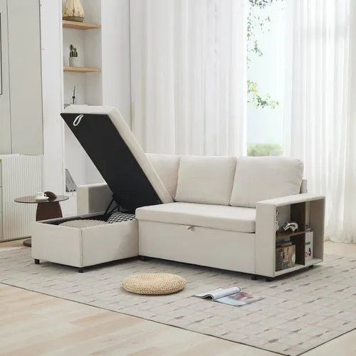 MODFU Ecksofa mit Aufbewahrung, Beige, 202x136x85cm, Modular