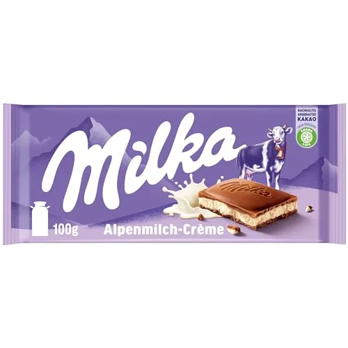 Milka Alpenmilch-Crème 100g - Feine Schokolade mit zarter Alpenmilchfüllung, ein Genuss für Schokoladenliebhaber und perfekt zum Teilen.