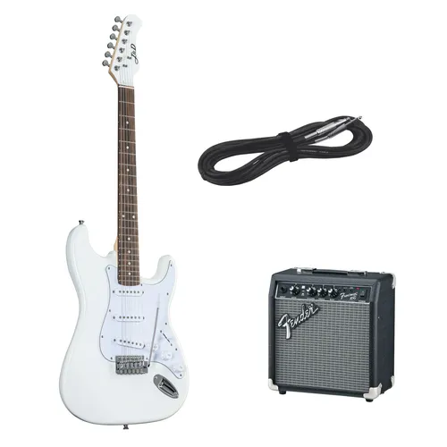E-Gitarren Set für Anfänger J & D ST II WH + Frontman 10 - Komplettes E-Gitarren Set mit ST-Modell für Einsteiger. Enthält einen leistungsstarken 15W Verstärker und praktisches Zubehör für den sofortigen Einsatz.