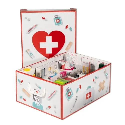 Lavatelli PHARMA ORGANIZER, Medikamentenbox mit Teilern, Hausapotheke box karton für Medikamente, 32x42x17,5 cm, Apothekenbox + Erste-Hilfe-Kasten + 4 Pharma-Karten, Weiß