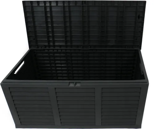 Garten Aufbewahrungsbox in Holzoptik, 245 l - Praktische Gartenbox aus wetterfestem Kunststoff mit 245 l Stauraum, ideal für Gartenmöbel oder Spielzeug. Mobil durch 2 Rollen, einfach aufzubauen und abschließbar.
