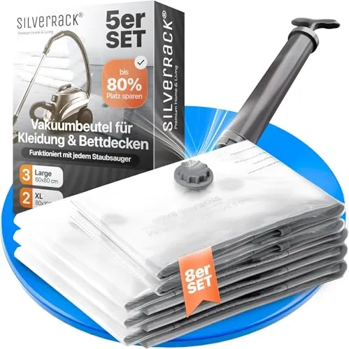 SilverRack Vakuumierbeutel für Kleidung – BPA-frei und platzsparend - Folienbeutel für Kleidung, Kissen und Jacken. Maximale Platzerparnis von bis zu 80% und langanhaltender Schutz durch innovative Double-Seal ZIP-Verschlüsse.