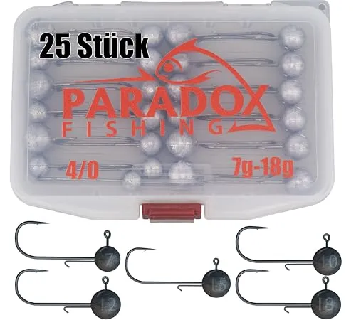 Paradox Fishing Jigköpfe Set 4/0 25x I je 5X 7g/10g/12g/15g/18g I Jig Köpfe Gummifisch mit Jighead für Gummifische Zander Angelzubehör