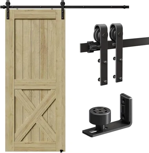 CCJH 152cm (5FT) Schiebetürbeschlag Set Schiebetürsystem Schwarz komplettes Laufrollen und Schiene Set mit Bodenführung Holz schiebetürbeschlag