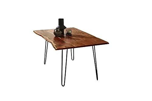 SAM Esszimmertisch 90x90cm Hannah, echte Baumkante, Akazienholz nussbaumfarben, massiver Baumkantentisch mit Hairpin-Gestell Mattschwarz