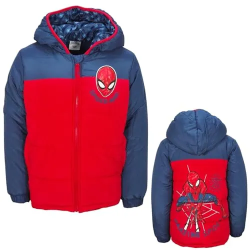 Spiderman Winterjacke für Jungen mit Kapuze | Warm gefüttert & gesteppt | Front- & Backprint | Größen 92–128 | In Rot oder Blau | Offizielle Kinderjacke, Farbe: Blau, Bekleidungsgröße: 104/110