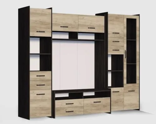 Easy4You Wohnwand Mokka MINI B:232 cm Eiche Canterbury/Country Grau Stilvolles Funktionales Möbelset für Wohnzimmer Moderner Optik Bücherregal Lowboard Vitrine