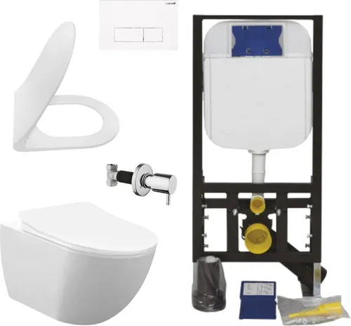 Creavit Hänge WC Set Weiß spülrandlos mit Taharet - Sanitäranlagen & Zubehör, spülrandloses Design für eine einfache Reinigung und Softclose-Funktion für leises Schließen