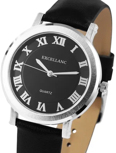 Damen Armbanduhr Schwarz/Silber Kunstlederarmband 1900102 von Excellanc