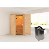 Woodfeeling Sauna Antonia mit 9 kW Ofen und Glastür