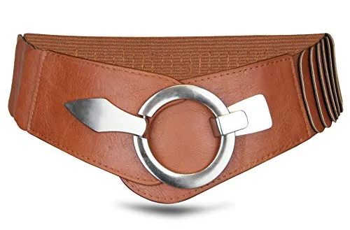 Vanessa & Melissa Elastischer Damen Taillengürtel, breiter Hüftgürtel mit silberner Ring-Schließe, 75 cm (für Taillenweite 75-90 cm), Camel