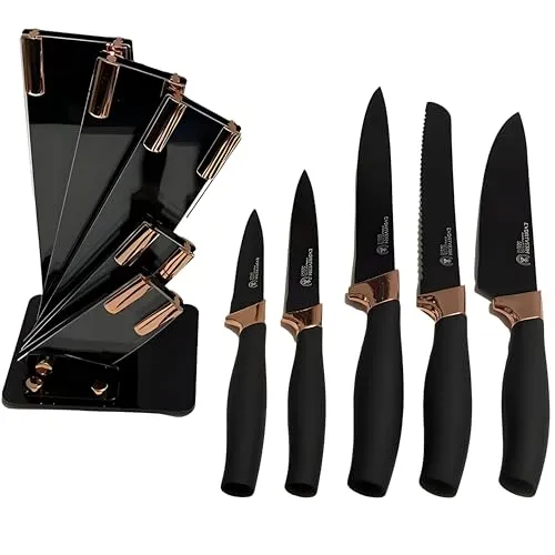 Retoo Küchenmesser Set 6-Tlg, Scharf, Messerset gerade Klinge, Kochmesser, Slicer, Brotmesser, Universalmesser, Obstmesser, Gemüsemesser, Küchen Messer, Schälmesser Set, Präzisem Schnitt, Schwarz
