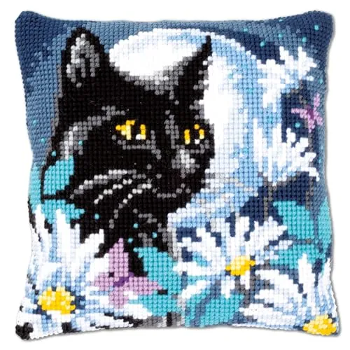 Vervaco Kreuzstich Kissen Set Katze in der Nacht - Zierkissen mit vorgedrucktem Design, komplettes Set für Anfänger und Profis. Hochwertige Materialien und einfache Anleitung für kreative Entspannung!