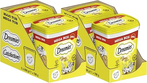 DREAMIES™ Mega Box mit Käse 2 x 2 x 350g - Katzensnacks mit unwiderstehlicher zweifacher Textur: außen kross, innen cremig. Ideal für eine schmackhafte Belohnung, ohne künstliche Aromastoffe und nur 2 kcal pro Stück.