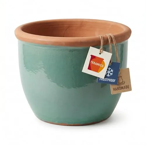 Premium Pflanzgefäß aus Keramik für Außenbereich & Garten – Frostfester Outdoor Pflanztopf mit Bodenloch – Handgefertigt – Langlebig & Wetterfest (Grün, 19cm x 16cm)