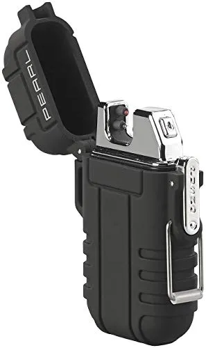 PEARL Elektro Feuerzeug: Elektronisches Feuerzeug mit doppeltem Lichtbogen, Akku, IP56, schwarz (USB, Plasma Lichtbogen, BBQ)