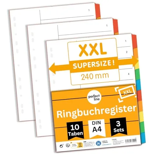 perfect line - Ordner-Register XXL DIN-A4, 10-teilig, 3er Set, Karton, made in Germany, Blauer Engel zertifiziert