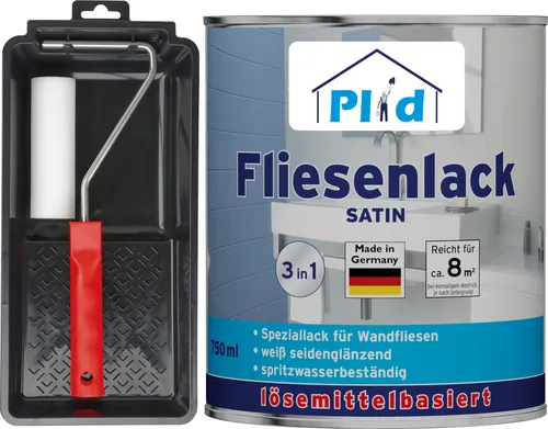 Plid Fliesenlack 0,75l Weiß Satin - Speziallack für Wandfliesen in Küche und Bad, ideal für eine ansprechende und langlebige Oberfläche. Inklusive Lackierset für einfaches Auftragen.