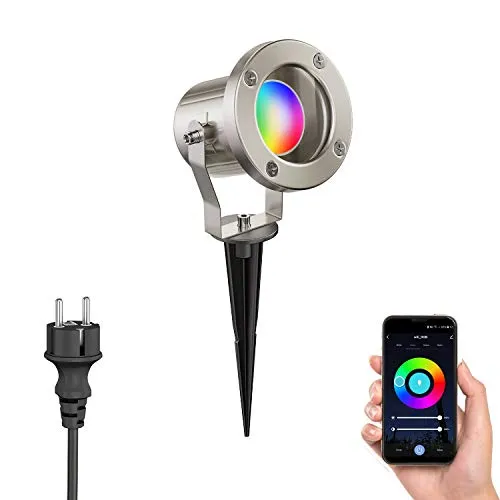MIBU Gartenstrahler mit Erdspieß - Edelstahl Smart Home RGBW GU10 LED - Lampen für den Außenbereich: Robuster Gartenstrahler mit schwenkbarem Kopf und IP55 Schutz, inklusive dimmbarer RGBW LED-Lampe für individuelle Lichtgestaltung.