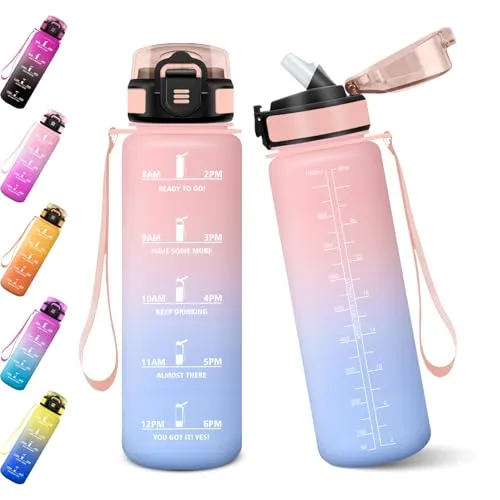 Baramumu Trinkflasche mit Strohhalm, 1000ml Auslaufsichere Flasche, Trinkflasche Sport, Kohlensäure Geeignet, Flasche, BPA-Frei, Wasserflasche für Fitness, Schule, Büro-Rosa&Himmelblau