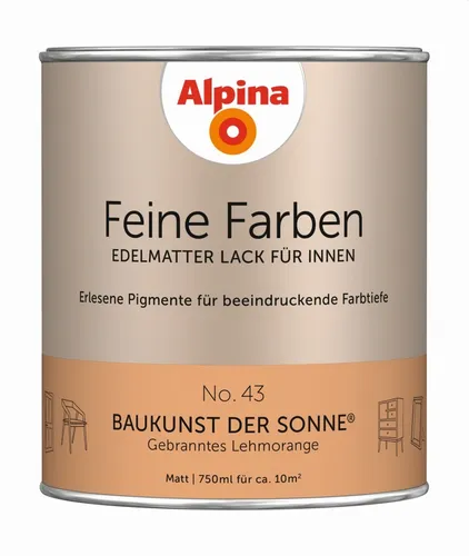Alpina Feine Farben Lack No. 43 - Baukunst der Sonne, edelmatt 750ml - Lacke in gebranntem Lehmorange, ideal für Innenräume. 2in1 Grundierung & Lack, strapazierfähig und kindersicher nach DIN EN 71-3. Ausgezeichnet mit dem Blauen Engel, reicht für ca. 10m².