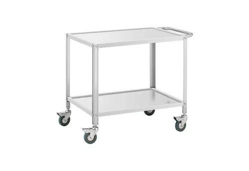 Royal Catering Servierwagen aus Edelstahl - 2 Borde, 100 kg Tragfähigkeit - Servierwagen aus Edelstahl mit 2 Borden (80 x 57 cm) und 100 kg Tragfähigkeit. Ideal für Gastronomie, mobil und platzsparend dank 4 leichtlaufenden, höhenverstellbaren Rollen.