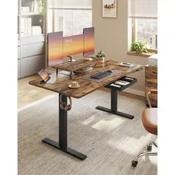 VASAGLE Höhenverstellbarer Schreibtisch mit Monitorständer - Braun, 140 cm - Flexibel und ergonomisch: Höhenverstellbare Tischplatte (72-120 cm) für komfortables Arbeiten im Sitzen oder Stehen; praktischer Monitorständer schafft zusätzlichen Platz.