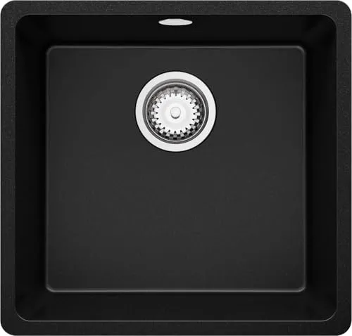 PRIMAGRAN Unterbauspüle Granit Schwarz 46x44cm - Venedig Easy S001 - 1 Becken Spülbecken aus Granit, extrem widerstandsfähig gegen Kratzer und Stöße, ideal für Unterschränke ab 50 cm, modernes Design mit dünnen Rändern für einfache Reinigung.