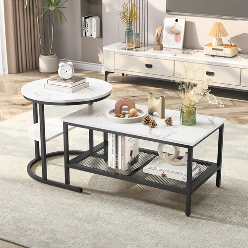 Fortuna Lai 2er Set Couchtisch, Beistelltisch Marmor Optik mit Metallrahmen & Ablage, Kaffeetisch Wohnzimmertisch Sofatisch für Wohnzimmer, Schlafzimmer (Weiß + Schwarz)