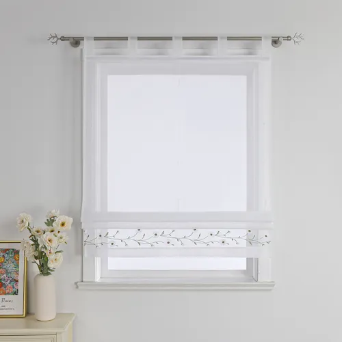 Joyswahl Raffrollo mit Schlaufen – Landhausstil Gardine in Weiß, 80x150cm - Elegantes Raffrollo aus 100% Polyester im Landhausstil, mit zarten Blumenstickmustern. Ideal für kleinere Fenster, sorgt für eine romantische Atmosphäre und lässt sanftes Licht in den Raum.