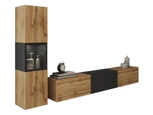 Mirjan24 Wohnwand Bentlor I, Mediawand, Schrankwand, im Set Vitrine, TV-Lowboard, Anbauwand kann aufgestellt BZW. aufgehängt Werden (Wotan Eiche + Schwarzer Graphit, mit weißer LED Beleuchtung)