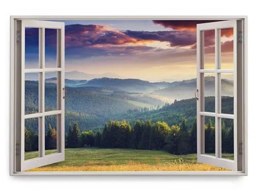 Paul Sinus Wandbild 120x80cm Fensterbild Natur Landschaft Berge Wald Bäume Sonnenuntergang